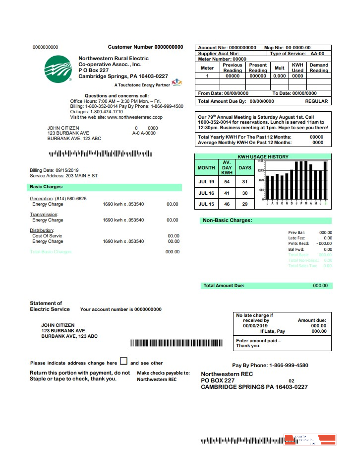 USA Northwestern Rural Electric utility bill template, fully editable in Word and PDF format